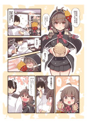 Rule 34 | 1boy, 1girl, @ @, admiral (kancolle), ahoge, beans, black capelet, black dress, black hair, blush, braid, brown eyes, brown hair, capelet, cellphone, comic, commentary request, dress, flying sweatdrops, heart, highres, holding, holding phone, hood, hooded capelet, iphone, kantai collection, long hair, long sleeves, mamemaki, mask, military, military uniform, naval uniform, oni mask, open mouth, phone, pleated dress, setsubun, shinshuu maru (kancolle), short hair, smartphone, smile, speech bubble, suzuki toto, translation request, twin braids, uniform