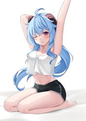 Rule 34 | 1girl, absurdres, ahoge, alternate costume, armpits, arms up, bare legs, barefoot, black shorts, blue hair, blush, breasts, casual, cleavage, contemporary, fast owl, feet, ganyu (genshin impact), genshin impact, highres, horns, legs, long hair, low ponytail, midriff, navel, one eye closed, purple eyes, short shorts, shorts, stretching, tank top