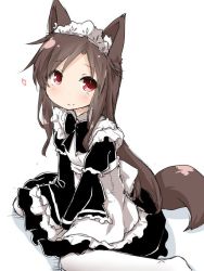 Rule 34 | 1girl, alternate costume, animal ears, apron, black dress, brown hair, commentary request, dress, enmaided, imaizumi kagerou, long hair, looking at viewer, maid, maid headdress, natsu no koucha, pantyhose, red eyes, simple background, sitting, smile, solo, tail, touhou, white background, white pantyhose, wolf ears, wolf tail, aged down