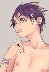 Rule 34 | 1boy, androgynous, artist name, ashley hamilton, bangle, bishounen, black nails, blonde hair, bracelet, earrings, hair ornament, hairclip, jewelry, lip piercing, male focus, multicolored hair, nail polish, nipple piercing, original, piercing, purple hair, ring, solo, toxxy, trap, yellow eyes