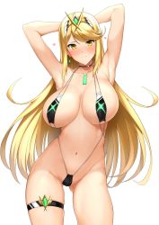 Rule 34 | 1girl, armpits, arms behind head, blonde hair, blush, breasts, chest jewel, cleavage, closed mouth, commentary request, cowboy shot, gem, hair ornament, halcon, headpiece, heart, highres, jewelry, large breasts, long hair, looking at viewer, mythra (xenoblade), navel, nintendo, slingshot swimsuit, swept bangs, swimsuit, thigh strap, thighs, tiara, xenoblade chronicles (series), xenoblade chronicles 2, yellow eyes