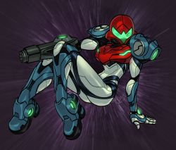 Rule 34 | 1girl, alex ahad, arm cannon, armor, ass, breasts, glowing, helmet, looking at viewer, metroid, metroid dread, nintendo, power armor, power suit, samus aran, science fiction, simple background, solo, weapon