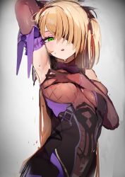 Rule 34 | 1girl, absurdres, arm up, armpits, bare shoulders, black dress, black gloves, black ribbon, blonde hair, bodystocking, bow, bowtie, breasts, center opening, dress, elbow gloves, eyepatch, fischl (genshin impact), genshin impact, gloves, gradient background, green eyes, hair ribbon, highres, lipstick, long hair, looking at viewer, makeup, medium breasts, one eye covered, parted lips, pomesaurus, purple bow, purple bowtie, ribbon, solo, spread armpit, two side up, upper body, very long hair, wet, white background