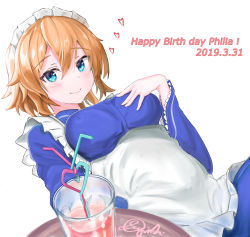 Rule 34 | 1girl, absurdres, apron, blue dress, blue eyes, blush, breasts, commentary request, dated, dress, drinking straw, from below, glass, hand on own breast, happy birthday, headdress, highres, holding, large breasts, looking at viewer, maid, maid headdress, philia (sao), short hair, simple background, smile, solo, sugi-shi (user mwkp7542), sword art online, upper body, white apron, white background, white headdress