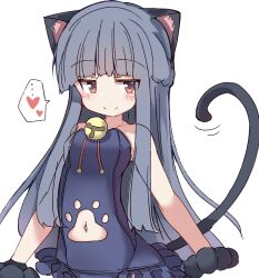 Rule 34 | 1girl, animal ears, animal hands, bare shoulders, bell, black gloves, black leotard, blue hair, blush, cat ears, cat tail, clothing cutout, commentary request, dot nose, flat chest, frilled leotard, frills, gloves, heart, highres, idolmaster, idolmaster cinderella girls, jingle bell, jitome, leotard, long hair, looking at viewer, navel, navel cutout, paw cutout, paw gloves, red eyes, red ribbon, ribbon, sajo yukimi, sidelocks, smile, solo, spoken heart, tail, umberblack, white background