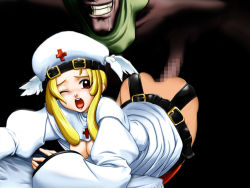 Rule 34 | 1boy, 1girl, age difference, arc system works, arched back, bent over, blonde hair, breasts, breasts out, censored, character request, cleavage, clothed sex, clothes lift, cross, doggystyle, dress, dress lift, drooling, evil grin, evil smile, fanny (guilty gear), grin, guilty gear, guilty gear petit, hanging breasts, hat, head wings, hetero, juliet sleeves, leaning forward, long sleeves, looking at viewer, medium breasts, mosaic censoring, one eye closed, open mouth, orange legwear, penis, puffy sleeves, red cross, red eyes, sammy, sex, sex from behind, sidelocks, size difference, sleeves past wrists, smile, white dress, white headwear, wide sleeves, winged hat, wings