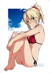 Rule 34 | 1girl, artist name, bikini, blonde hair, blue sky, blush, braid, cloud, dated, day, fate/apocrypha, fate/grand order, fate (series), french braid, green eyes, hair ornament, hair scrunchie, ikeshita moyuko, knees up, legs together, long hair, looking at viewer, mordred (fate), mordred (fate) (all), mordred (fate/apocrypha), mordred (swimsuit rider) (fate), mordred (swimsuit rider) (first ascension) (fate), parted bangs, red bikini, scrunchie, short ponytail, sidelocks, signature, sitting, sky, smile, solo, swimsuit, white background
