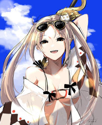 Rule 34 | 1girl, bare shoulders, bikini, blue sky, breasts, brown eyes, brown hair, cleavage, collarbone, earrings, eyewear on head, fate/grand order, fate (series), hair ornament, highres, jewelry, long hair, medium breasts, multiple earrings, open clothes, open mouth, polearm, robe, sky, smile, solo, spear, sunglasses, swimsuit, tsu ki2, twintails, very long hair, weapon, white bikini, yu mei-ren (fate), yu mei-ren (swimsuit lancer) (fate)