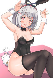 Rule 34 | 1girl, = =, animal, animal ears, arms up, ass, bare shoulders, black bow, black bowtie, black leotard, blush, bow, bowtie, breasts, brown thighhighs, cheese, cleavage, closed eyes, collar, collarbone, covered navel, detached collar, fake animal ears, feet out of frame, food, granblue fantasy, grey hair, hair ornament, hairband, hairclip, hekomii, highres, knees together feet apart, leotard, looking at viewer, medium breasts, mouse (animal), open mouth, playboy bunny, rabbit ears, red eyes, red hairband, smile, solo, strapless, strapless leotard, striped, striped bow, tears, teeth, thighhighs, upper teeth only, vikala (granblue fantasy), white background, white collar, wing collar, wrist cuffs