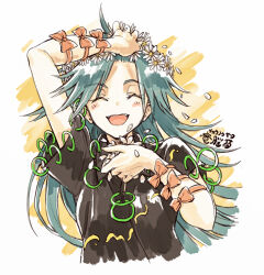 Rule 34 | 1girl, :d, ^ ^, aqua hair, arm on own head, arm up, black shirt, blush stickers, bow, closed eyes, commentary request, cropped torso, daisy, facing viewer, flower, hair flower, hair ornament, hand on own head, hand on own neck, hand up, happy, head wreath, himemushi momoyo, hisona (suaritesumi), jewelry, long hair, open mouth, orange bow, petals, ring, shirt, short sleeves, smile, solo, touhou, upper body, white background, white flower, wrist bow, yellow background