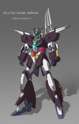Rule 34 | absurdres, character name, clenched hands, core gundam ii, english text, grey background, gundam, gundam build divers, gundam build divers re:rise, gunpla, highres, mecha, model kit, no humans, original, robot, solo, standing, v-fin, yellow eyes