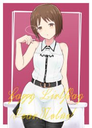 Rule 34 | 1girl, :o, absurdres, arm support, arm up, ascot, belt, belt buckle, black pantyhose, blush, brown eyes, brown hair, buckle, character name, cigarette, collared dress, commentary request, dress, happy birthday, head tilt, highres, holding, holding cigarette, ichigo mashimaro, itou nobue, looking at viewer, pantyhose, parted lips, short hair, side slit, smoke, smoking, solo, table, temari rin, two-tone background, white ascot, white dress, wing collar