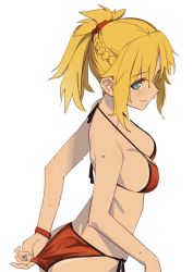 Rule 34 | 1girl, adjusting clothes, adjusting swimsuit, ass, bare shoulders, bikini, bikini tan, blonde hair, blue eyes, braid, breasts, cleavage, closed mouth, dutch angle, fang, fang out, fate/grand order, fate (series), from above, hair ornament, hair scrunchie, halterneck, looking at viewer, medium breasts, mordred (fate), mordred (fate) (all), mordred (fate/apocrypha), mordred (swimsuit rider) (fate), mordred (swimsuit rider) (first ascension) (fate), ningen (ningen96), ponytail, red bikini, scrunchie, side-tie bikini bottom, simple background, solo, strap gap, string bikini, swimsuit, tan, tanline, wet, wet hair