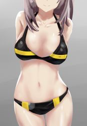 Rule 34 | 1017815656, 1girl, absurdres, alternate breast size, arms behind back, bare shoulders, bikini, breasts, brown hair, closed mouth, collarbone, girls&#039; frontline, head out of frame, head tilt, highres, long hair, medium breasts, navel, navel piercing, one side up, piercing, shiny skin, simple background, smile, stomach, swimsuit, thighs, ump45 (girls&#039; frontline)