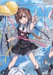 Rule 34 | 6+girls, arm up, black gloves, black shirt, black skirt, blush, brown hair, cloud, cloudy sky, cobblestone, confetti, floating clothes, gloves, hairband, highres, holding, holding pole, kantai collection, kneehighs, multiple girls, open mouth, orange hairband, out of frame, pleated skirt, pointing, pointing up, pole, puddle, reflection, reflective water, school uniform, shiratsuyu (kancolle), shirt, shoes, short hair, skirt, sky, smile, socks, sugue tettou, teeth, wind