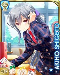 Rule 34 | 1girl, blazer, blue coat, blue jacket, bow, breasts, card (medium), character name, classroom, closed mouth, coat, day, desk, female focus, girlfriend (kari), grey hair, indoors, jacket, long hair, necktie, official art, plaid, plaid coat, plaid skirt, purple bow, qp:flapper, red neckwear, red skirt, school, school uniform, shigeto akiho, shirt, shoes, skirt, smile, socks, standing, tagme, white shirt, winter clothes, winter coat