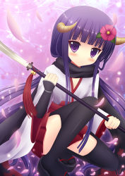 Rule 34 | 10s, 1girl, black thighhighs, blush, clog sandals, flower, gloves, hair flower, hair ornament, highres, horns, inu x boku ss, japanese clothes, kimono, kneeling, long hair, looking at viewer, naginata, okobo, on one knee, petals, polearm, purple background, purple eyes, purple hair, sandals, scarf, shirakiin ririchiyo, shoes, sitting, skirt, solo, taiki ken, thighhighs, very long hair, weapon