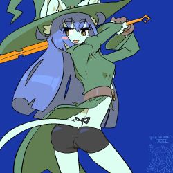 Rule 34 | 1girl, blue background, brown eyes, cat, female focus, from below, furry, furry female, hat, long hair, looking at viewer, purple hair, simple background, solo, the amboina, witch hat