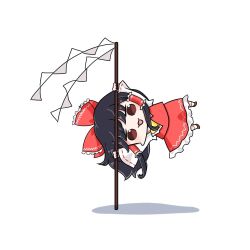 Rule 34 | 1girl, :3, :d, ajitsuki, ascot, black hair, bow, brown eyes, chibi, detached sleeves, full body, gohei, hair bow, hair tubes, hakurei reimu, holding, long hair, looking at viewer, nontraditional miko, open mouth, pole, red bow, red ribbon, red shirt, red skirt, ribbon, ribbon-trimmed sleeves, ribbon trim, shirt, simple background, skirt, smile, solo, touhou, white background, wide sleeves, yellow ascot