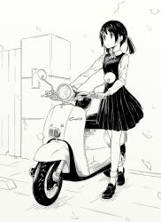 Rule 34 | 1girl, black hair, greyscale, hiwatari rin, monochrome, motor vehicle, school uniform, scooter, short hair, solo, twintails, vehicle