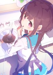 Rule 34 | 1girl, apron, blue sailor collar, blue skirt, bowl, brown apron, brown hair, chikuwa., chocolate, counter, countertop, highres, holding, holding bowl, indoors, licking, licking finger, long hair, long sleeves, looking at viewer, looking back, low twintails, mixing bowl, original, parted lips, pleated skirt, purple eyes, sailor collar, school uniform, serafuku, shirt, sidelocks, sketch, skirt, solo, twintails, valentine, very long hair, white shirt