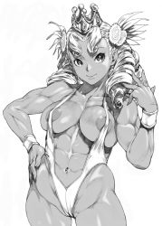 Rule 34 | 1girl, abs, bracelet, breasts, character request, collarbone, covered erect nipples, cowboy shot, crown, fingernails, graphite (medium), greyscale, hand on own hip, highres, hip focus, jewelry, kei (bekei), large areolae, looking at viewer, mechanical pencil, medium breasts, mini crown, monochrome, muscular, muscular female, navel, neck, original, pencil, sharp fingernails, simple background, slingshot swimsuit, smile, solo, swimsuit, thigh gap, thighs, traditional media, tsurime, white background