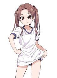Rule 34 | 10s, 1girl, alternate costume, blush, brown eyes, brown hair, buruma, collarbone, flat chest, girls und panzer, gym uniform, hand on own hip, highres, hiroyuki, kadotani anzu, long hair, looking at viewer, oversized clothes, short sleeves, simple background, smile, solo, twintails, white background