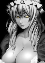 Rule 34 | 1girl, alternate eye color, breasts, cleavage, closed mouth, collarbone, commentary request, diisuke, glowing, glowing eyes, hair between eyes, half-closed eyes, hat, large breasts, lips, long hair, looking at viewer, mob cap, monochrome, puffy short sleeves, puffy sleeves, short sleeves, slit pupils, smile, solo, spot color, touhou, upper body, yakumo yukari, yellow eyes