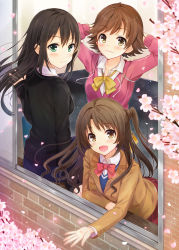Rule 34 | 10s, 3girls, :d, arms behind head, azuki yui, black hair, black jacket, blazer, blue skirt, bow, bowtie, brick wall, brown eyes, brown hair, brown jacket, cardigan, cherry blossoms, collared shirt, green eyes, highres, honda mio, hood, hood down, hooded track jacket, idolmaster, idolmaster cinderella girls, jacket, leaning forward, long hair, long sleeves, looking at viewer, multiple girls, new generations, one side up, open mouth, outstretched hand, petals, pink jacket, red skirt, school uniform, shibuya rin, shimamura uzuki, shirt, short hair, skirt, sleeves past wrists, smile, track jacket, window