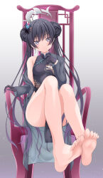 Rule 34 | 1girl, barefoot, black dress, black gloves, black hair, blue archive, blush, breasts, butterfly hair ornament, china dress, chinese clothes, coat, commentary request, double bun, dragon print, dress, feet, gloves, gradient background, grey eyes, grey halo, hair bun, hair ornament, halo, highres, kisaki (blue archive), long hair, looking at viewer, medium breasts, off shoulder, on chair, parted lips, pelvic curtain, pinstripe pattern, print dress, simple background, single bare shoulder, sitting, sleeveless, sleeveless dress, soles, solo, striped, striped coat, toes, tomosuke, twintails, vertical-striped coat