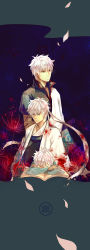 Rule 34 | 3boys, 6cat, absurdres, book, flower, gintama, headband, highres, japanese clothes, joui, male focus, multiple boys, multiple persona, aged up, petals, red eyes, sakata gintoki, sleeping, spider lily, white hair, aged down