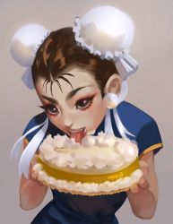 Rule 34 | 1girl, absurdres, alternate costume, blue dress, brown eyes, brown hair, bun cover, cake, capcom, charmiisan, chun-li, commentary, cream, cream on face, double bun, dress, english commentary, eyeshadow, food, food on face, hair bun, highres, implied cunnilingus, makeup, naughty face, red eyeshadow, short hair, solo, street fighter, thick eyebrows, tongue, tongue out, whipped cream