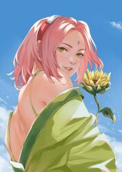 Rule 34 | 1girl, bare shoulders, blue sky, commentary, facial mark, flower, forehead protector, from below, green eyes, hairband, haruno sakura, highres, holding, holding flower, looking at viewer, looking back, meoowwxx, naruto (series), outdoors, pink hair, sky, smile, solo, sunflower, symbol-only commentary, teeth, yellow flower