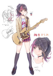 Rule 34 | 1girl, absurdres, black eyes, black footwear, black hair, black socks, choker, collage, commentary request, electric guitar, fender mustang, full body, guitar, high ponytail, highres, instrument, jacket, kishida mel, kneehighs, looking at viewer, miniskirt, multicolored hair, open clothes, open jacket, original, plaid, plaid skirt, pleated skirt, purple hair, purple skirt, skirt, socks, solo, translation request, two-tone hair, white background