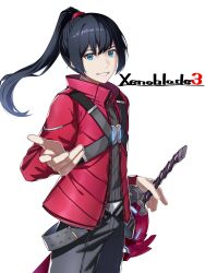 Rule 34 | 1boy, black hair, black pants, blue eyes, commentary request, copyright name, grey shirt, hair between eyes, high ponytail, highres, jacket, long hair, long sleeves, looking at viewer, male focus, noah (xenoblade), pants, ponytail, red jacket, ribbed shirt, shirt, simple background, smile, solo, standing, sword, tpicm, weapon, white background, xenoblade chronicles (series), xenoblade chronicles 3