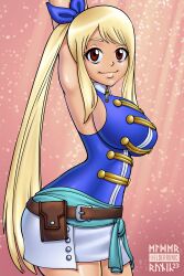 Rule 34 | 1girl, armpits, arms behind head, arms up, artist name, blonde hair, breasts, brown eyes, fairy tail, highres, large breasts, legs, long hair, looking at viewer, lucy heartfilia, side ponytail, sideboob, skirt, smile, solo, thighs