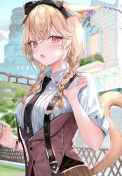 Rule 34 | 1girl, absurdres, animal ears, blonde hair, blush, bow, braid, breasts, cat ears, cat tail, day, facial mark, final fantasy, final fantasy xiv, fingernails, hair bow, hair ornament, hand up, highres, holding, long hair, looking at viewer, medium breasts, miqo&#039;te, momoko (momopoco), necktie, open mouth, outdoors, red eyes, scan, short sleeves, simple background, solo, suspenders, tail, twin braids, twintails, upper body, warrior of light (ff14), wristband