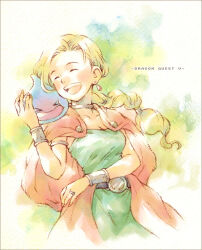 Rule 34 | &gt; &lt;, 1girl, armlet, belt, bianca (dq5), blonde hair, blush, bracelet, braid, breasts, cape, closed eyes, collarbone, commentary request, copyright name, dragon quest, dragon quest v, dress, earrings, green dress, happy, jewelry, long hair, medium breasts, neck ring, noki (hanken), open mouth, orange cape, partial commentary, ring, single braid, slime (dragon quest), smile, strapless, strapless dress, swept bangs, teeth, upper body, upper teeth only, wedding ring