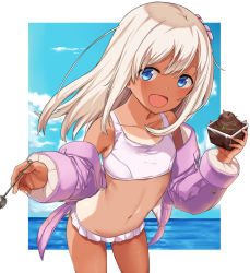 Rule 34 | 10s, 1girl, bare shoulders, bikini, blue eyes, blue sky, collarbone, cowboy shot, dark-skinned female, dark skin, day, female focus, flat chest, food, hai ookami, highres, holding, hood, kantai collection, long hair, looking at viewer, navel, one-piece swimsuit, one-piece tan, open mouth, outdoors, outside border, ro-500 (kancolle), sky, solo, standing, stomach, swimsuit, tan, tanline, water, white bikini, white one-piece swimsuit