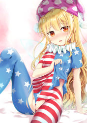 Rule 34 | 1girl, american flag dress, american flag legwear, blonde hair, cleft of venus, clothes lift, clownpiece, commentary request, dress, dress lift, hat, highres, jester cap, lifting own clothes, long hair, looking at viewer, neck ruff, niiya, pantyhose, partially visible vulva, polka dot, red eyes, short dress, short sleeves, sitting, solo, star (symbol), star print, striped clothes, striped dress, striped pantyhose, torn clothes, torn pantyhose, touhou, very long hair