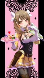 Rule 34 | 1girl, black pantyhose, braid, breasts, brown eyes, brown hair, cleavage, commentary request, corset, cowboy shot, cupcake, fire emblem, fire emblem engage, food, gloves, goldmary (fire emblem), hair ribbon, highres, holding, holding plate, large breasts, long hair, long sleeves, looking at viewer, miniskirt, mu tu bu, nintendo, pantyhose, petticoat, pink background, plate, ribbon, single braid, skirt, smile, solo, standing, white gloves, white ribbon, yellow skirt