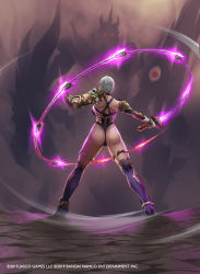 Rule 34 | 1boy, 1girl, armor, ass, bikini armor, breasts, glowing, high heels, highres, isabella valentine, large breasts, leotard, living weapon, namco, nightmare (soulcalibur), official art, revealing clothes, soul calibur, thong leotard, transforming weapon, weapon, whip sword, white hair