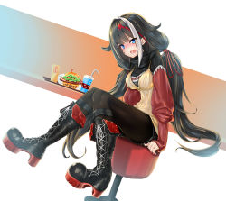 Rule 34 | 1girl, absurdres, azur lane, black hair, black pantyhose, blue eyes, boots, casual, cross-laced footwear, deutschland (azur lane), food, hair flaps, highres, lace-up boots, pantyhose under shorts, long hair, multicolored hair, pantyhose, platform boots, platform footwear, red hair, samesann, short shorts, shorts, solo, streaked hair, twintails, white hair