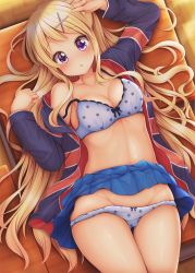 Rule 34 | 1girl, arm up, bare shoulders, blonde hair, blue bra, blue jacket, blue panties, blue skirt, blush, bow, bow bra, bow panties, bra, breasts, cleavage, clothes lift, collarbone, commentary request, desk, flag print, groin, hair ornament, hair spread out, hairclip, highres, indoors, jacket, kin-iro mosaic, kujou karen, long hair, long sleeves, lying, medium breasts, minato ojitan, on back, on desk, open clothes, open jacket, panties, panty pull, parted lips, pleated skirt, print jacket, purple eyes, school desk, skirt, skirt lift, solo, underwear, union jack, very long hair, wooden floor, x hair ornament