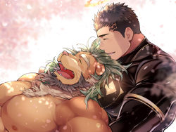 Rule 34 | 2boys, armband, arsalan (housamo), bara, black fur, black hair, bodysuit, couple, facial hair, fangs, furry, furry male, green fur, large pectorals, lion boy, looking at another, lying, lying on person, male focus, manly, mature male, multicolored fur, multiple boys, muscular, muscular male, nipples, on back, open mouth, pectorals, smile, stubble, teeth, thick arms, thick eyebrows, tight clothes, tokyo houkago summoners, tongue, topless male, tusks, upper body, wafu (youzora samo18), white fur, yaoi, zabaniyya (housamo)
