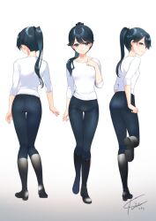 Rule 34 | 1girl, alternate costume, artist name, black eyes, black footwear, black hair, black pants, boots, closed mouth, commentary request, commission, from behind, full body, houshou (kancolle), kantai collection, knee boots, koruri, long hair, multiple views, pants, ponytail, shirt, signature, simple background, skeb commission, sleeves past elbows, smile, white background, white shirt