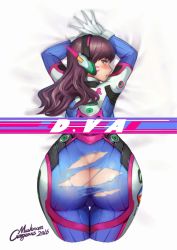 Rule 34 | 1girl, ass, blush, bodysuit, brown eyes, brown hair, butt crack, character name, d.va (overwatch), dated, facial mark, from above, gloves, gorgeous mushroom, headphones, long hair, looking at viewer, looking back, no panties, overwatch, overwatch 1, pilot suit, solo, top-down bottom-up, torn clothes, whisker markings, white gloves