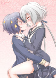 Rule 34 | 2girls, ass grab, black hair, black jacket, black skirt, blazer, blue eyes, blush, dress, eye contact, face-to-face, hand on another&#039;s ass, highres, jacket, konno junko, long hair, looking at another, low twintails, mizuno ai, multiple girls, plaid, plaid skirt, red eyes, ribbon, sailor collar, sailor dress, school uniform, shirt, short hair, silver hair, sitting, sitting on lap, sitting on person, skirt, smile, studiozombie, sweater, thighs, twintails, white shirt, yellow sweater, yuri, zombie land saga