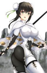 Rule 34 | 1girl, artist request, ass, black hair, blush, bodysuit, breasts, bun cover, cape, chinese clothes, double bun, fate/grand order, fate (series), fingerless gloves, gloves, green eyes, hair bun, large breasts, looking at viewer, looking back, ninja, open mouth, pants, polearm, qin liangyu (fate), shiny clothes, short hair with long locks, skin tight, smile, solo, spear, tight clothes, tight pants, weapon, white bodysuit