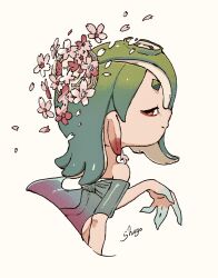 Rule 34 | 1girl, aqua hair, arm at side, artist name, bare shoulders, bird nest, chest sarashi, closed mouth, commentary request, cropped torso, earrings, flower, flower earrings, from behind, green hair, green shawl, hair flower, hair ornament, hair over one eye, hand up, highres, jewelry, long hair, multicolored hair, nest, nest on head, nintendo, octoling, official alternate costume, official alternate hair color, pink flower, red eyes, sarashi, see-through, see-through shawl, shawl, shiver (splatoon), shogo (shogo70449442), short eyebrows, sideways glance, simple background, solo, splatoon (series), splatoon 3, suction cups, tentacle hair, two-tone hair, white background